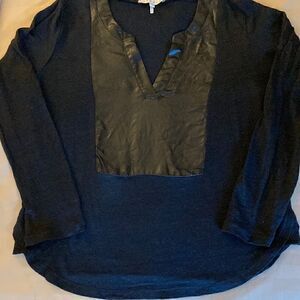 Sandro Linen V Neck Top with 3/4 Sleeve and Acetate Bib Inset. Size Medium.